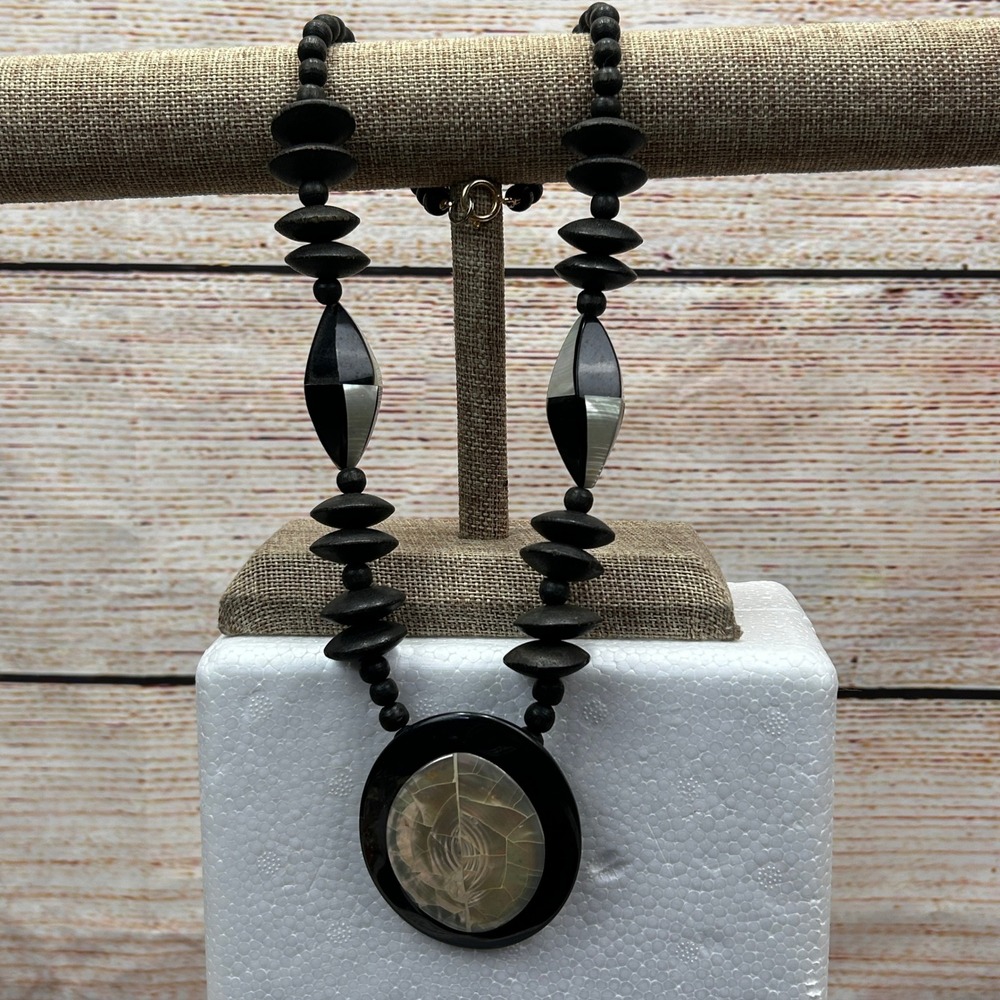 Vintage Chunky Wood and Mother of Pearl Shell Statement Necklace Black